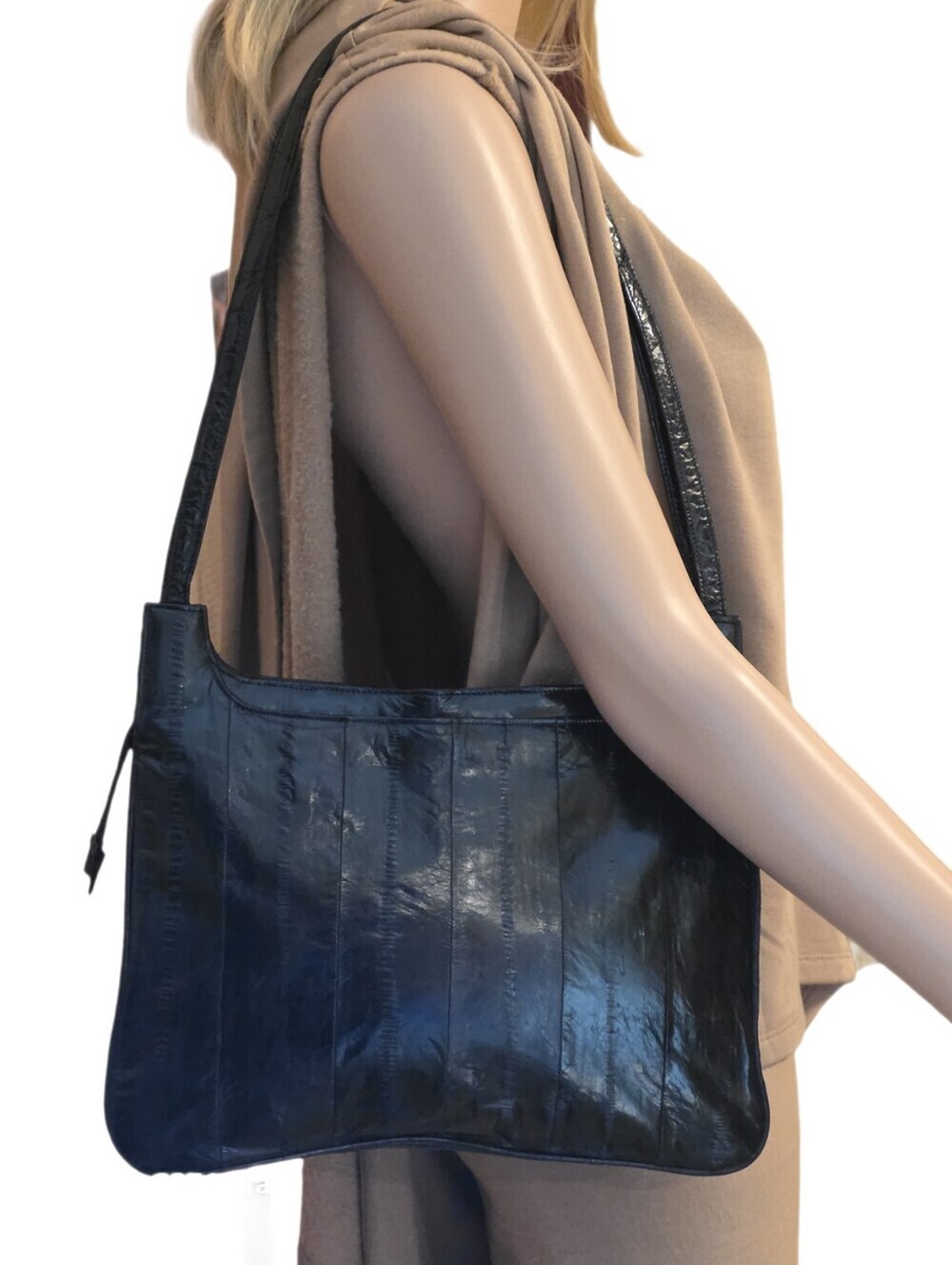 Vintage Black Genuine Eel Skin Hobo Shoulder Bag and Matching Wallet 2pc Set EUC